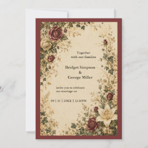 Mediaeval Fairytale Botanical Rose Lily Wedding Invitation