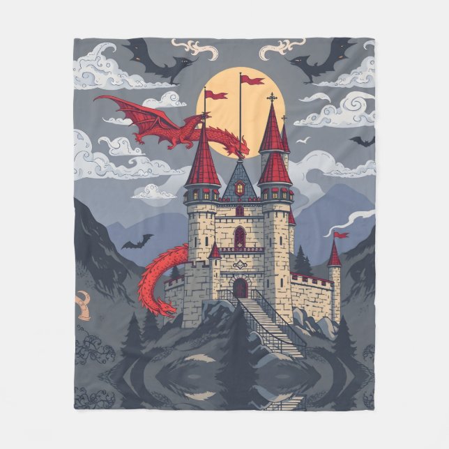 Mediaeval Fantasy: Dragon and Castle Fleece Blanket (Front)