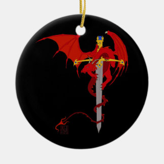Mediaeval Fantasy Flying Red Dragon and Sword Ceramic Tree Decoration