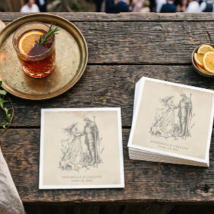 Mediaeval Fantasy Vintage Black Etching Wedding Napkin