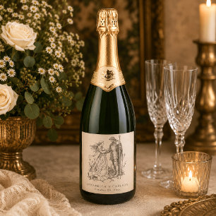 Mediaeval Fantasy Vintage Black Etching Wedding Sparkling Wine Label