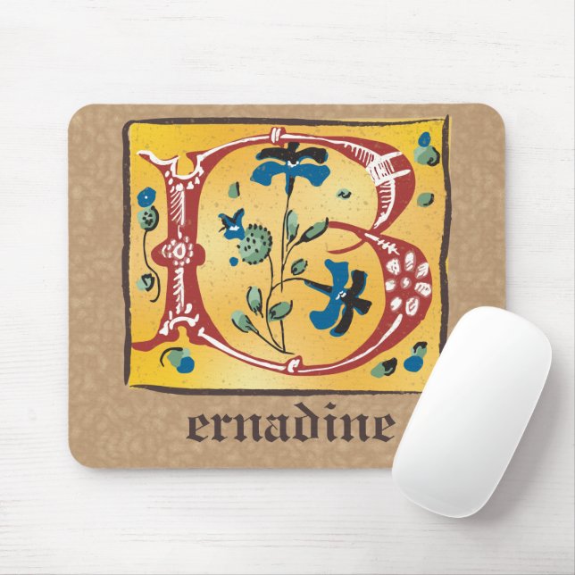 Mediaeval Floral Illuminated Letter B Monogram Mouse Mat (With Mouse)