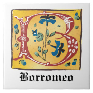 Mediaeval Floral Illuminated Letter B Monogram Tile