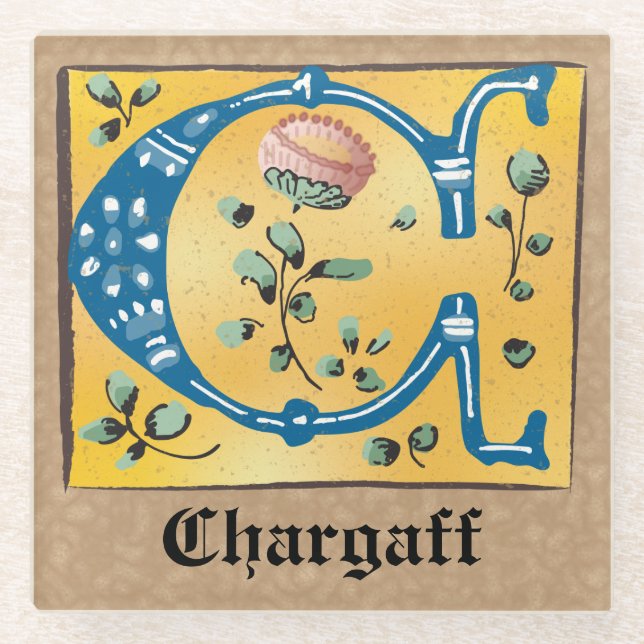 Mediaeval Floral Illuminated Letter C Monogram Glass Coaster (Front)