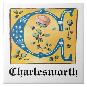 Mediaeval Floral Illuminated Letter C Monogram Tile