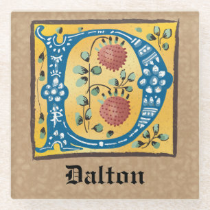 Mediaeval Floral Illuminated Letter D Monogram Glass Coaster