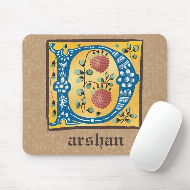 Mediaeval Floral Illuminated Letter D Monogram Mouse Mat (With Mouse)