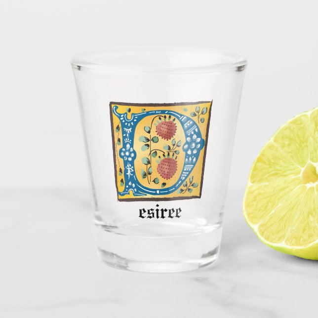 Mediaeval Floral Illuminated Letter D Monogram Shot Glass (Front)