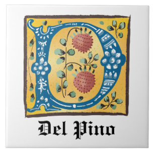 Mediaeval Floral Illuminated Letter D Monogram Tile