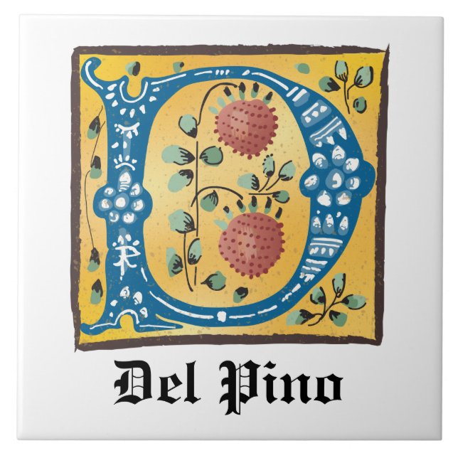 Mediaeval Floral Illuminated Letter D Monogram Tile (Front)