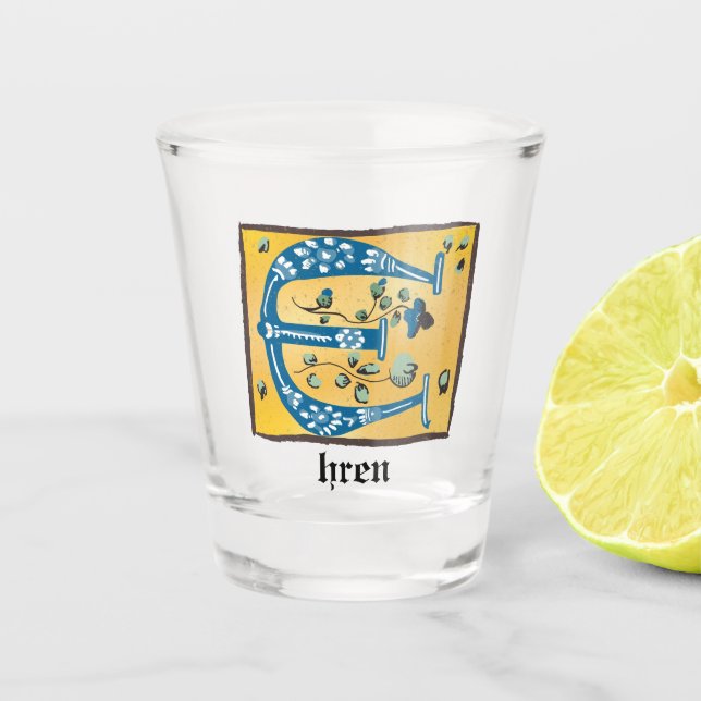 Mediaeval Floral Illuminated Letter E Monogram Shot Glass (Front)