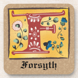 Mediaeval Floral Illuminated Letter F Monogram Coaster