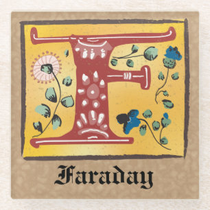 Mediaeval Floral Illuminated Letter F Monogram Glass Coaster
