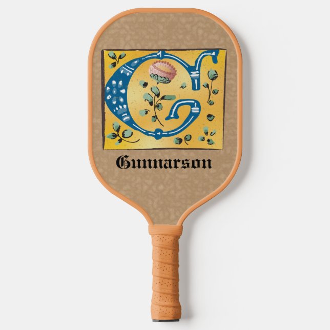 Mediaeval Floral Illuminated Letter G Monogram Pickleball Paddle (Front)