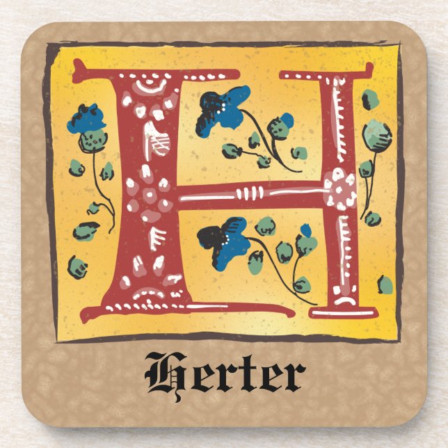 Mediaeval Floral Illuminated Letter H Monogram Coaster (Front)