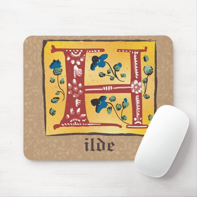 Mediaeval Floral Illuminated Letter H Monogram Mouse Mat (With Mouse)