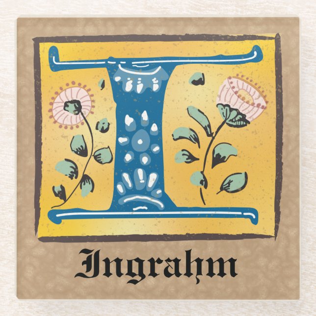 Mediaeval Floral Illuminated Letter I Monogram Glass Coaster (Front)