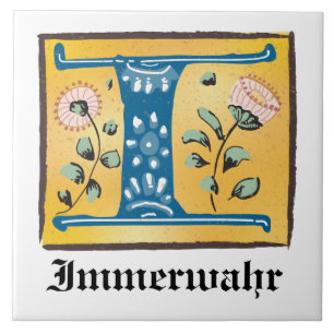 Mediaeval Floral Illuminated Letter I Monogram Tile