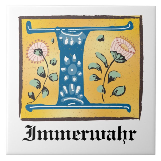 Mediaeval Floral Illuminated Letter I Monogram Tile (Front)