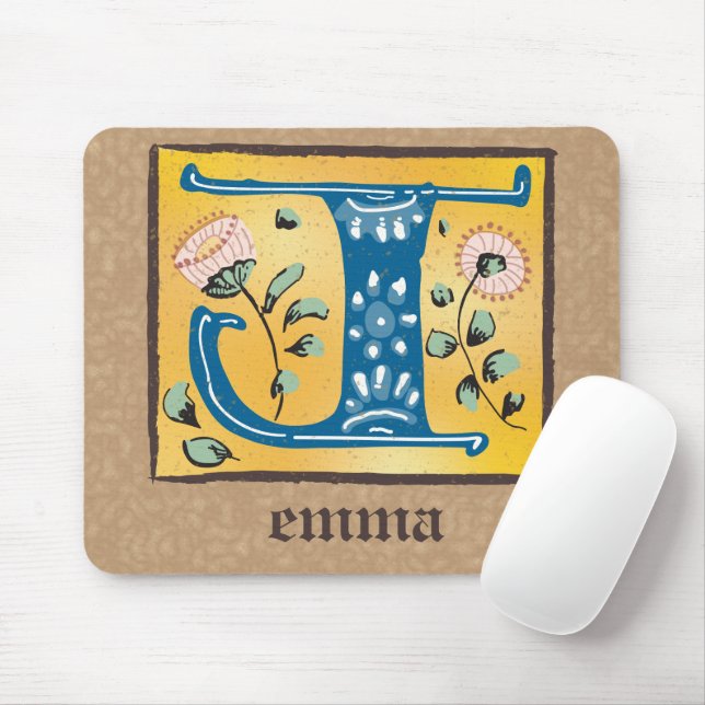 Mediaeval Floral Illuminated Letter J Monogram Mouse Mat (With Mouse)
