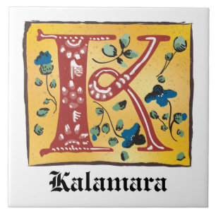 Mediaeval Floral Illuminated Letter K Monogram Tile