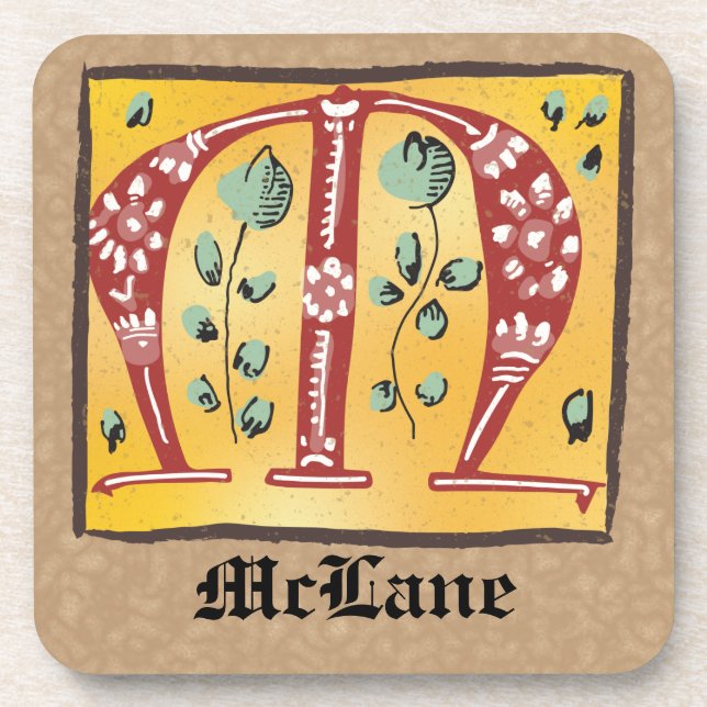 Mediaeval Floral Illuminated Letter M Monogram Coaster (Front)