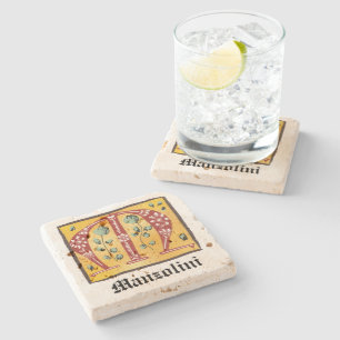 Mediaeval Floral Illuminated Letter M Monogram Stone Coaster