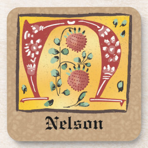 Mediaeval Floral Illuminated Letter N Monogram Coaster