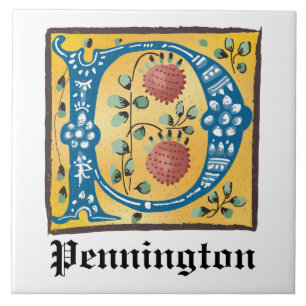 Mediaeval Floral Illuminated Letter P Monogram Tile