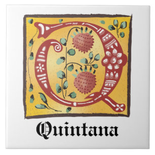 Mediaeval Floral Illuminated Letter Q Monogram Tile