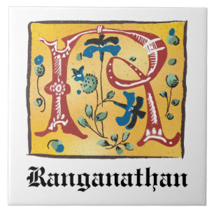 Mediaeval Floral Illuminated Letter R Monogram Tile