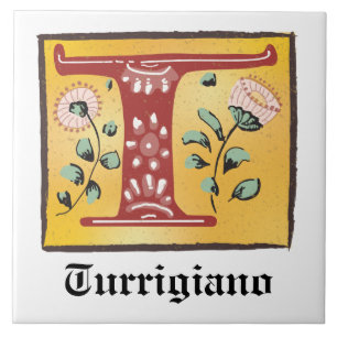 Mediaeval Floral Illuminated Letter T Monogram Tile