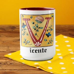 Mediaeval Floral Illuminated Letter V Monogram Mug