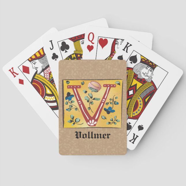 Mediaeval Floral Illuminated Letter V Monogram Playing Cards (Back)