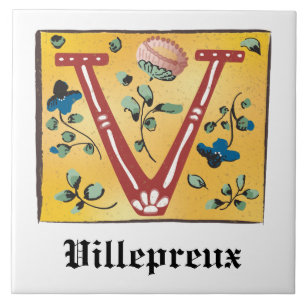 Mediaeval Floral Illuminated Letter V Monogram Tile
