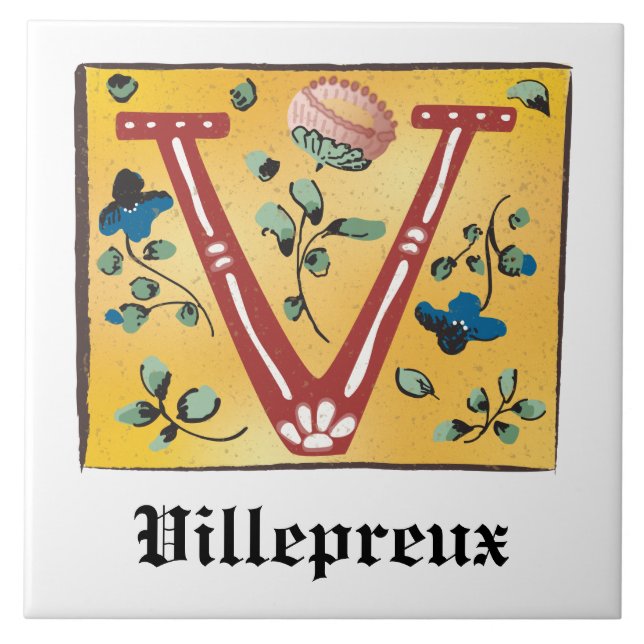 Mediaeval Floral Illuminated Letter V Monogram Tile (Front)