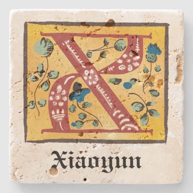 Mediaeval Floral Illuminated Letter X Monogram Stone Coaster (Front)