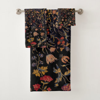 Mediaeval Flowers on Black Bath Towel Set