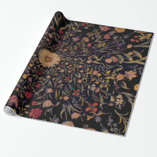 Mediaeval Flowers on Black Wrapping Paper