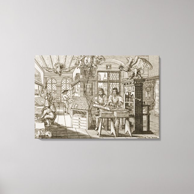 Mediaeval German printing press (engraving) Canvas Print (Front)