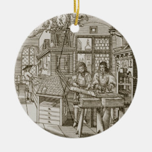 Mediaeval German printing press (engraving) Ceramic Tree Decoration