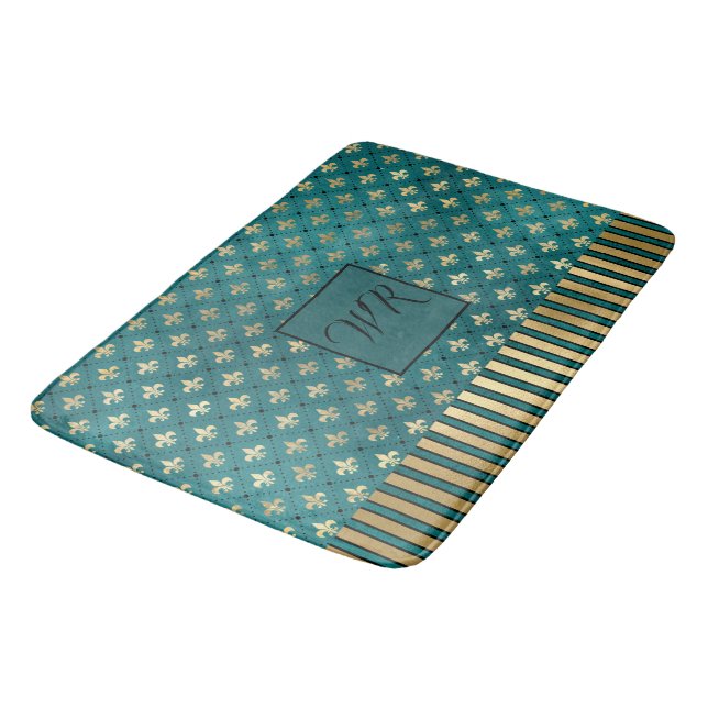 Mediaeval Gold Armour Teal Elegant Luxury Monogram Bath Mat (Angled)