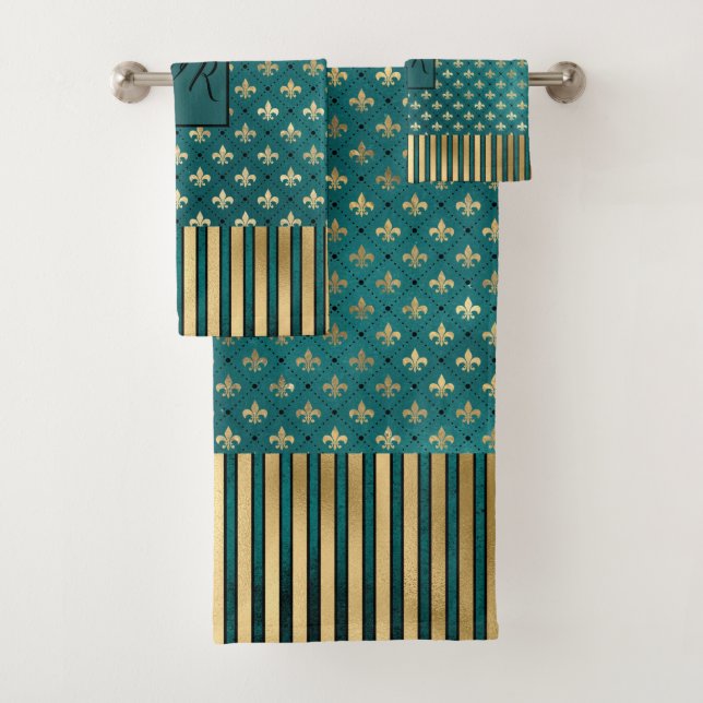 Mediaeval Gold Armour Teal Elegant Pattern Monogra Bath Towel Set (Insitu)