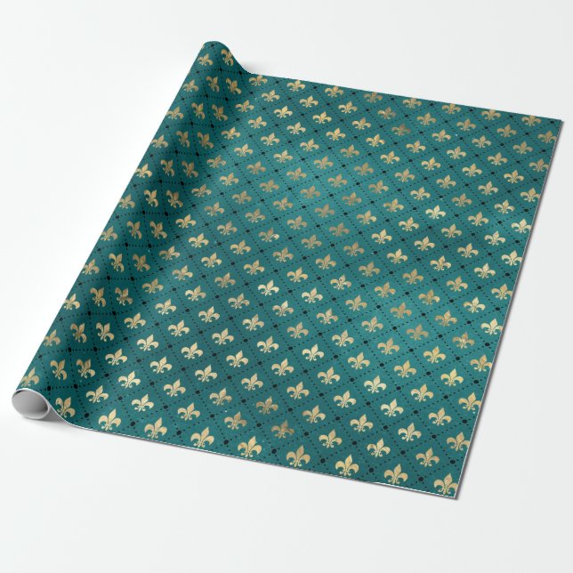 Mediaeval Gold Armour Teal Elegant Pattern Wrapping Paper (Unrolled)