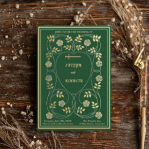 Mediaeval Gold Floral Hearts and Sword Wedding Invitation