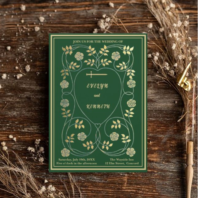 Mediaeval Gold Floral Hearts and Sword Wedding Invitation (Creator Uploaded)