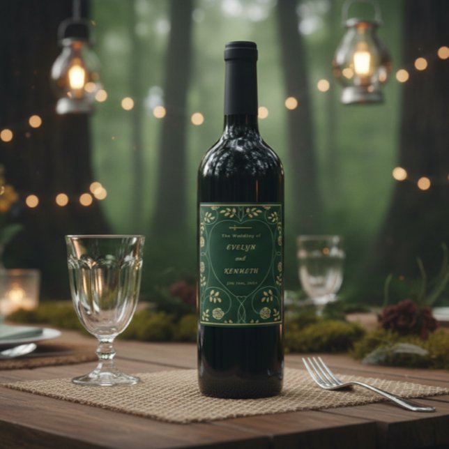 Mediaeval Gold Floral Hearts and Sword Wedding Wine Label (Creator Uploaded)