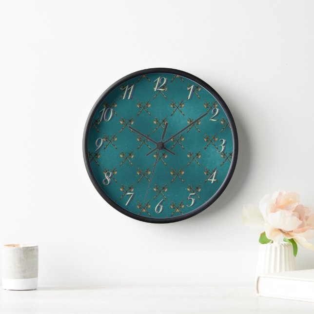 Mediaeval Gold Glitter Teal Elegant Stylish Cool Clock (Home)