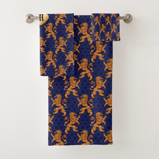 Mediaeval Gold Lion Blue Fleur de Lis Bath Towel Set (Insitu)
