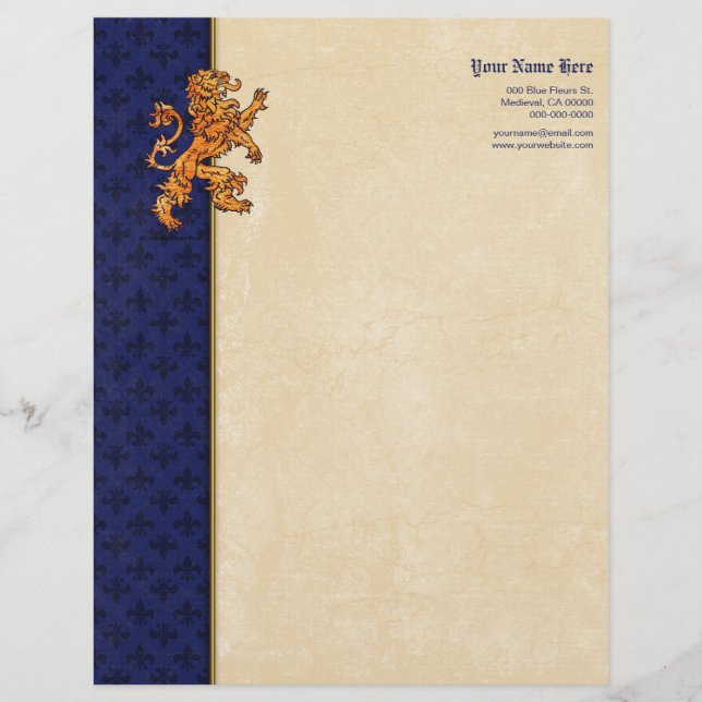 Mediaeval Gold Lion Blue Fleur de Lis Personalized Letterhead (Front)